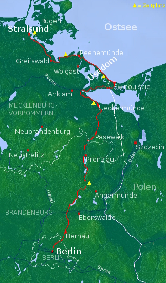 Streckenverlauf: Berlin - Usedom - Swinemünde - Stralsund