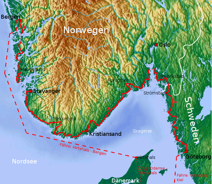 Route des Nordseeküstenradweges in Norwegen und Schweden