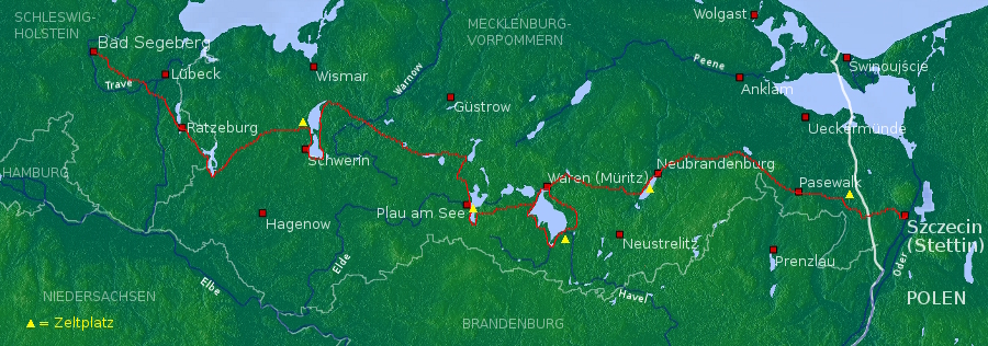 Streckenverlauf: Szczecin (Stettin) - Pasewalk - Neubrandenburg - Waren (Müritz) - Plau am See - Schwerin - Ratzeburg - Bad Segeberg
